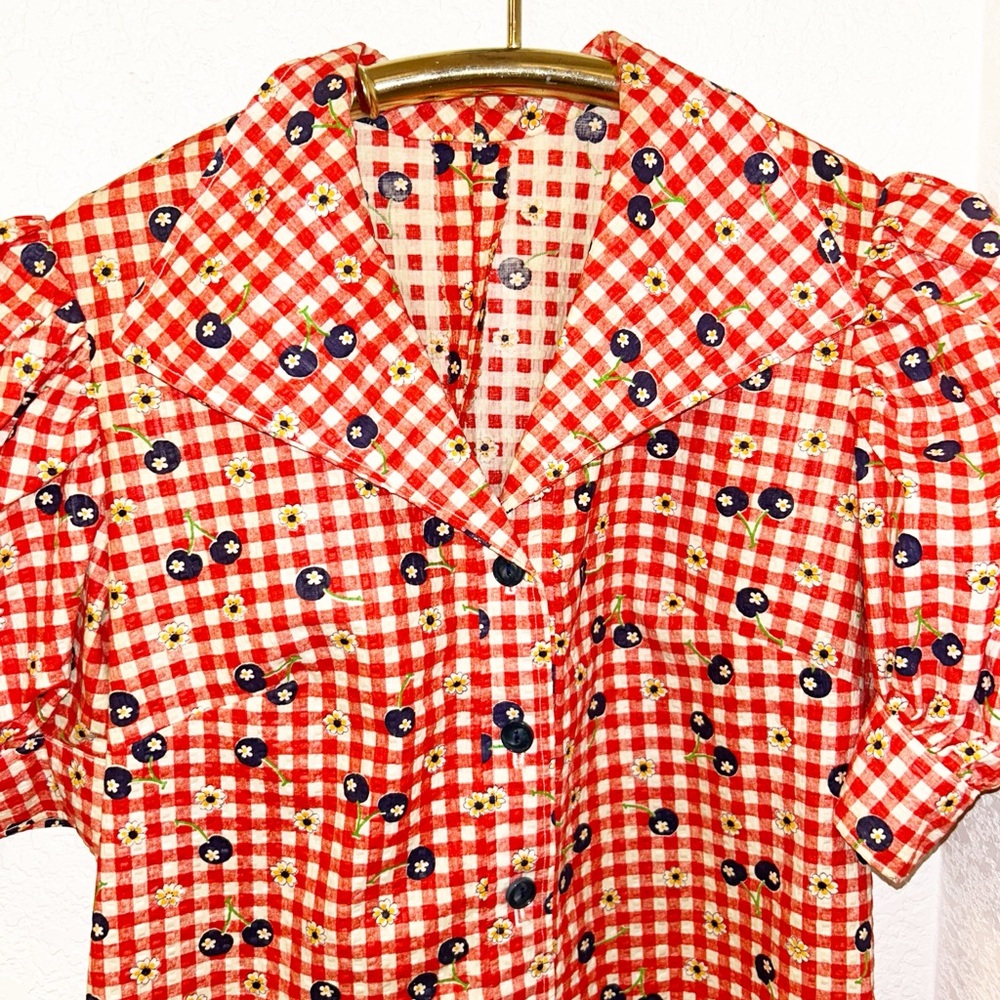 VINTAGE Handmade Seersucker Gingham & Blueberries Collared Mini Dress SZ: SMALL - Picture 2 of 11